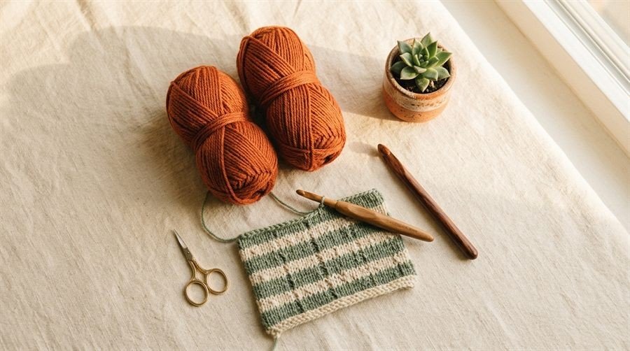 Yarn, crochet hook and beginner projects