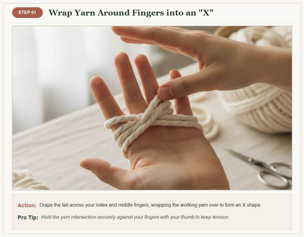 Crochet magic loop step 1 wrapping yarn around fingers in an X shape