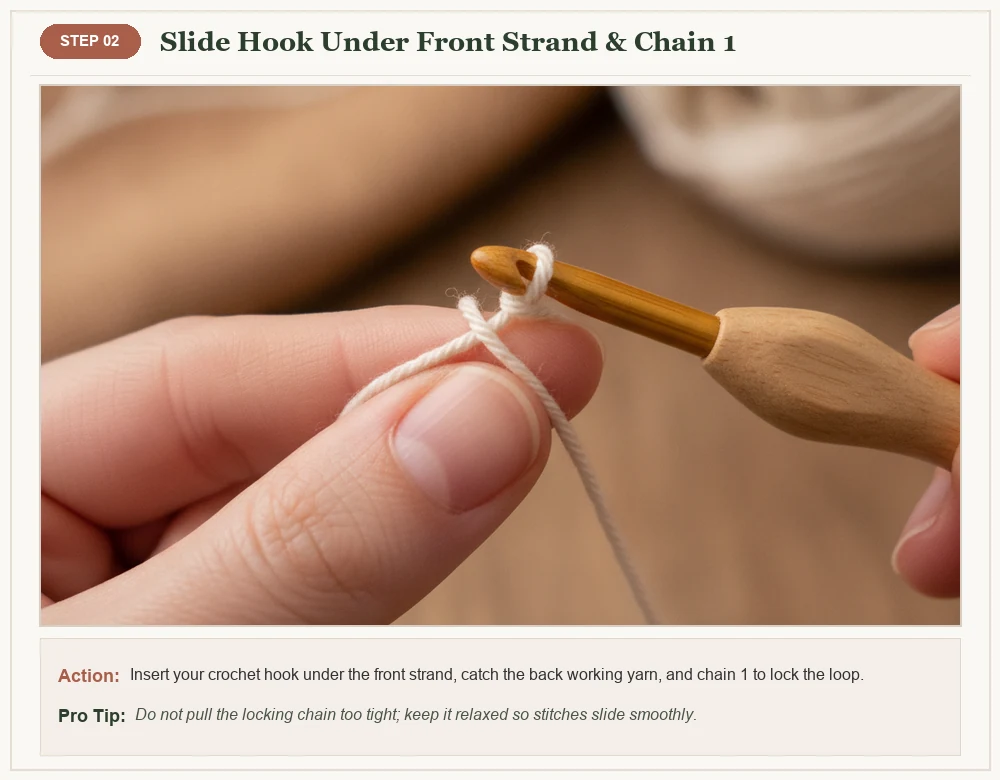 Crochet magic loop step 2 sliding hook under first strand and making chain 1