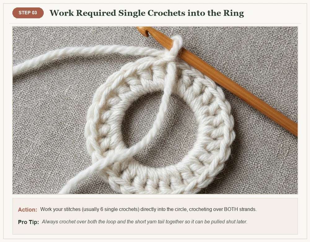 Crochet magic loop step 3 working single crochet stitches directly into the ring