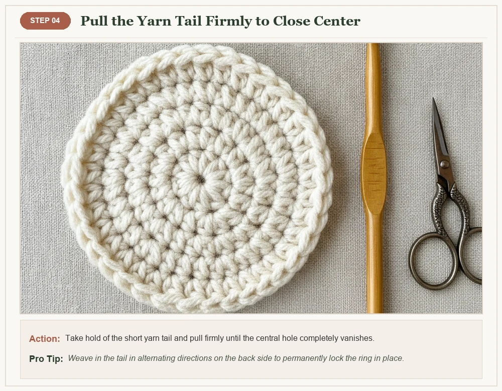 Crochet magic loop step 4 pulling yarn tail to close ring with zero hole