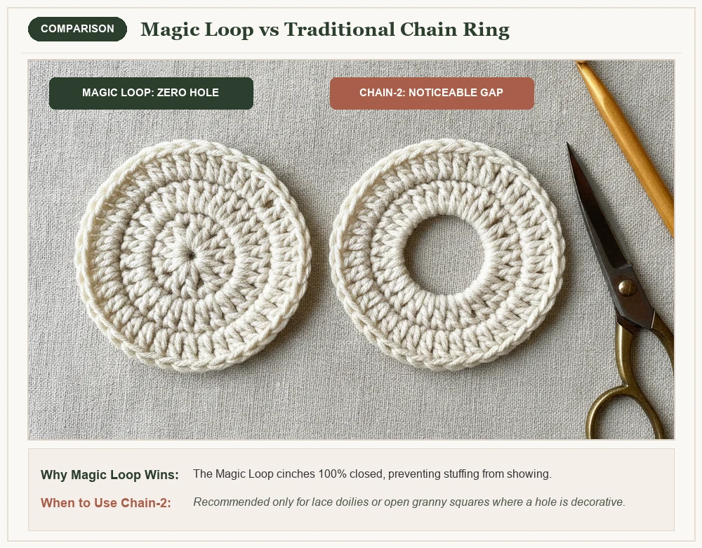 Comparison between crochet magic loop with zero hole and traditional chain ring with visible gap