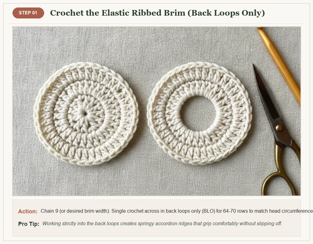 Step 1: Ribbed Brim & Foundation Chain in Back Loops Only